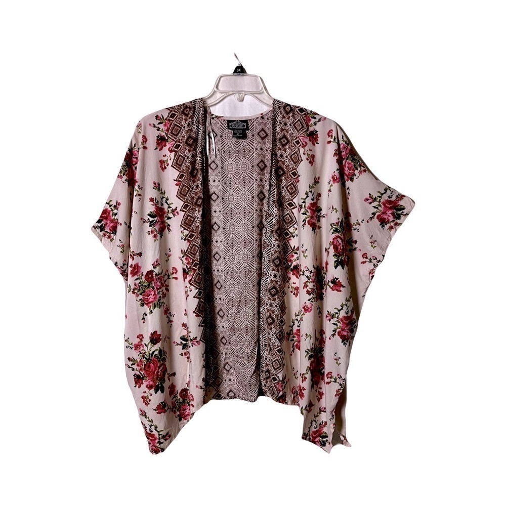 Angie | Boho Mixed Floral Block Print Open Front Kimono Cardigan, Medium